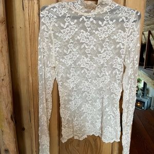 Express Lace See through turtle flower neck top champagne white